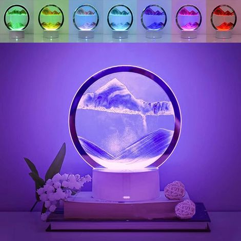 Lampe de table artistique 3D à sable mouvant, veilleuse peinture de sable aux couleurs RGB changeantes, lampe à sable mouvant 3D en forme de sablier, décoration de bureau rotative à 360° (violet) (1/5)