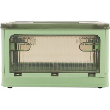 Boîte de rangement pliable en plastique – Petit format – Porte latérale – Transparent – Vert – Roulettes amovibles (1/5)