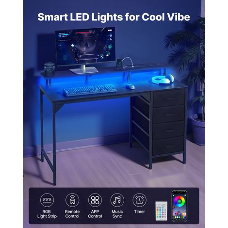 Bureau d'ordinateur 120 cm avec éclairage LED intelligent et prises de courant, table de bureau informatique avec 4 grands tiroirs… (1/5)