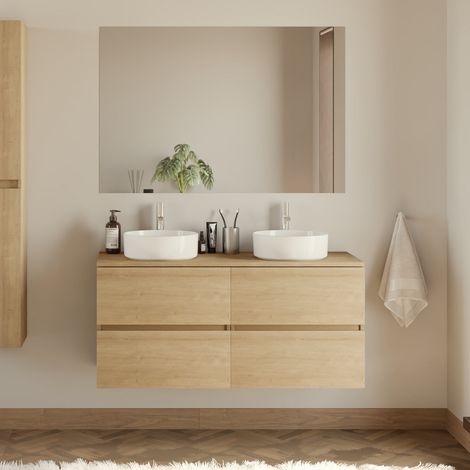 Meuble de salle de bain 140cm avec plateau et 2 vasques à poser rondes - 4 tiroirs - nebraska (chêne clair) - IDA (1/5)