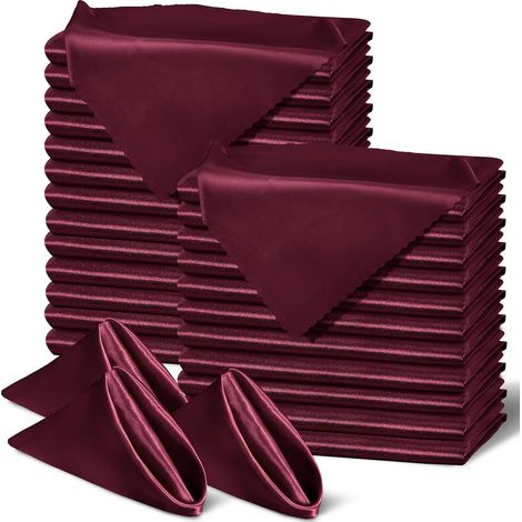 Lot de 60 serviettes de table carrées en satin de polyester doux et soyeux avec bords festonnés, 43,2 x 43,2 cm, pour mariage, banquet, restaurant, décoration Bordeaux (1/5)