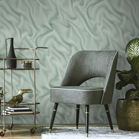 Papier peint moderne vert-gris aspect tissu | Tapisserie verte grise salon chic | Papier peint intissé élégant pour chambre adulte (1/3)