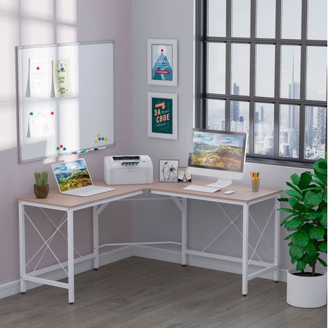 Bureau d'angle en L 150x150 cm avec design en biseau, structure en acier, coloris naturel pour bureau à domicile et étude (1/5)