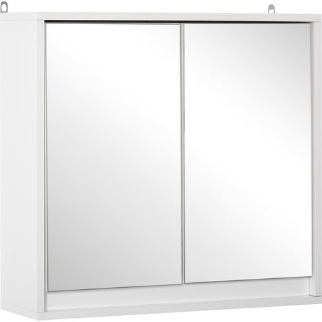 Meuble de salle de bain avec miroir, 2 portes et étagère réglable, style moderne, fixation murale, 48 x 14,5 x 45 cm, blanc (1/5)