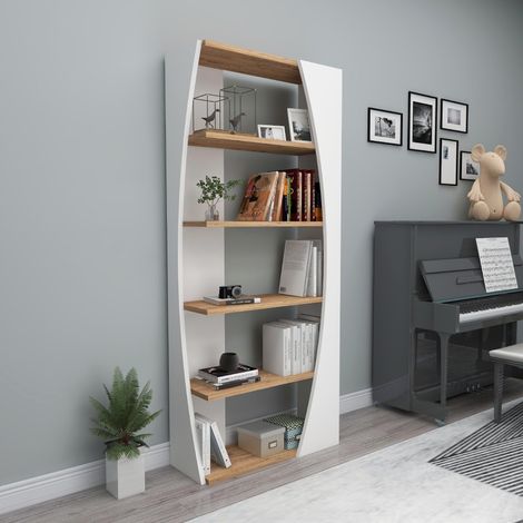 Equo Regal, 4-Fächer Bücherschrank, Freistehend, Farbverlauf Eiche Struktur, 64x24x150h cm Weiß (1/5)