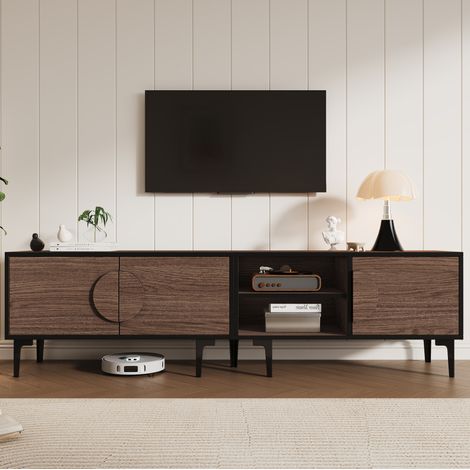Mueble TV 180x35x49 cm nogal oscuro en tablero de partículas con 3 puertas, 2 huecos abiertos y 7 patas (1/5)