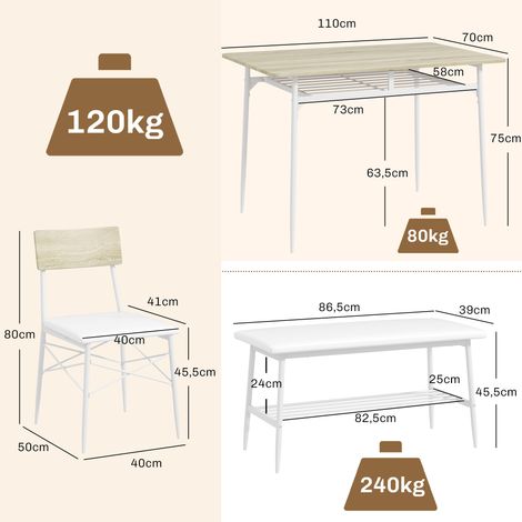 Ensemble de salle à manger 4 pièces avec table, chaises et banc pour 4 personnes, assises rembourrées, structure en acier, bois, chêne (1/5)