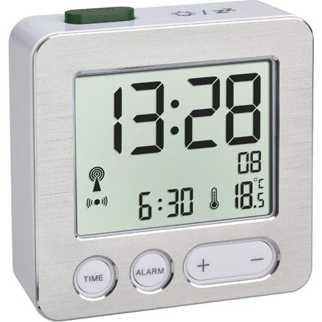 Dostmann Réveil numérique, réveil Radio pilotée, avec fuseaux horaires réglables, réveil Matin avec température, Blanc/Argent (1/3)