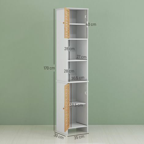 Meuble de salle de bain de 170 cm de haut avec deux placards et étagères réglables, compartiments ouverts, pour le rangement du linge, blanc. (1/5)