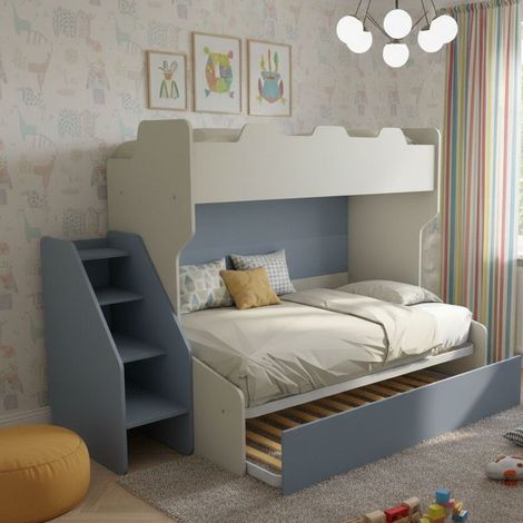 Letto a castello 3 posti con terzo letto estraibile e scaletta contenitore - Una piazza e mezza - Ecru e Avio
