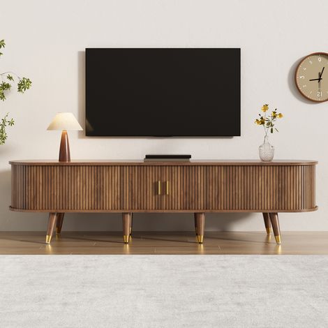Meuble TV bas 175 x 38 x 45 cm, meuble salon avec porte coulissante en rotin, rangements ouverts et tiroirs, MDF, Noyer