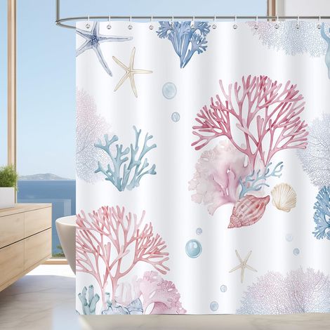 Rideau de douche océan bleu corail rose 180x180 cm, polyester anti-moisissure avec 12 crochets (1/5)