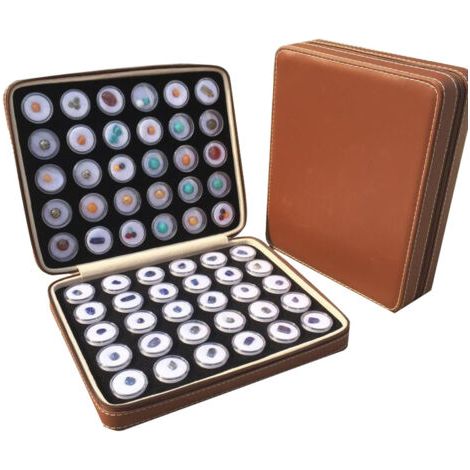 Brown, display box for 60 diamond stones, leather collection storage box (1/3)