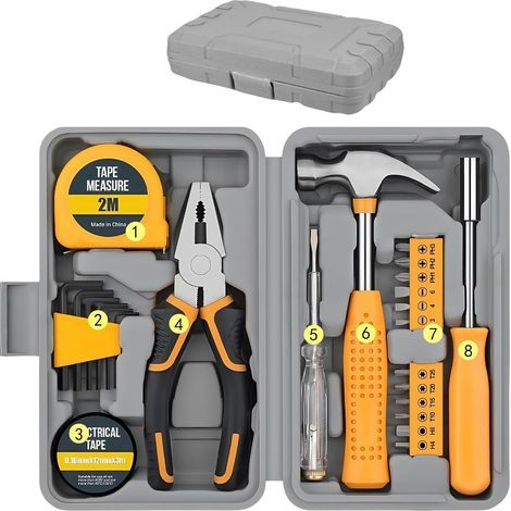Kit d'outils de bricolage jaune 24 pièces – Outils ménagers essentiels dans une boîte de rangement portable pour la maison, le bureau et le garage – Kit d'outils de base pour homme et femme (1/5)