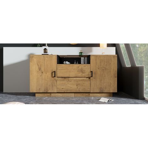 Commodat d’Eichenoptik avec 2 tiroirs et 2 étagères. Les hauteurs des étagères peuvent être ajustées à l’intérieur du meuble. Le meuble est fabriqué en verre ESG. Dimensions : H70/B140/T40 cm (1/5)