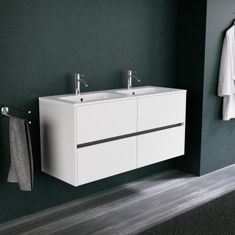 Inda - Badezimmerschrank 4 Schubladen L.120 mit Doppelwaschbecken matt / Mattweiß - diamante (1/5)