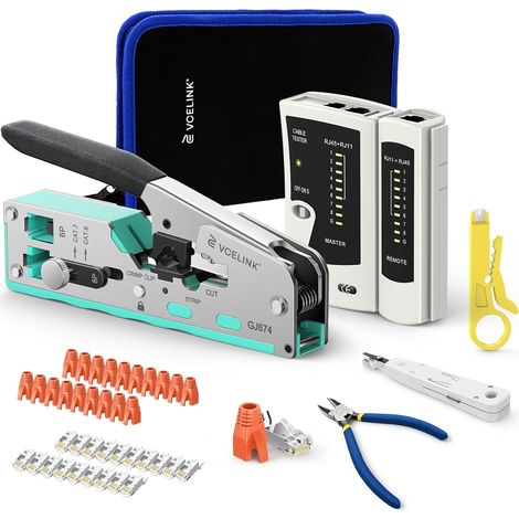 Kit Pince Sertir RJ45, 20 Connecteurs Cat7, Testeur, Outil LSA, kits, connecteurs RJ45 Cat7 pass through, testeur RJ45, pince coupante, LSA outil, mini pince à dénuder (1/5)
