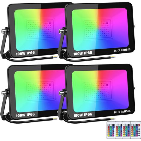 4 Pack 100W RGB Projecteur LED Extérieurs Avec Télécommande, Exterieur & Interieur 16 Couleurs 4 Modes RGBW Lumière de Projecteur, Neon Spot Led Pour Jadin, Terrasse, Patio, IP66 étanche (1/5)