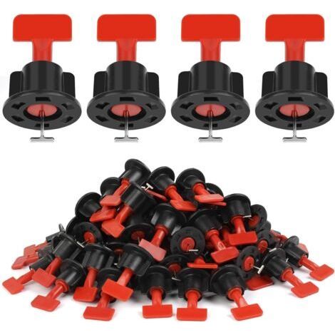 Niveleur de Carrelage, 80 Pièces Réutilisables Kit Nivellement Carrelage Niveleur Cale Carrelage Autonivelant, redresseurs de carreaux avec broches interchangeables 1,5 Rouge et noir (1/5)