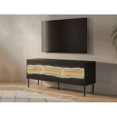 Mueble de TV Novoli, aparador de salón con tres puertas batientes y tres compartimentos interiores, con luces LED, elevado del suelo, 144x40 h62 cm, negro y nudos de roble. (1/5)