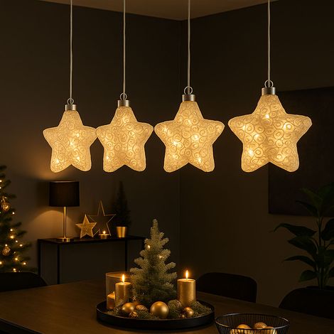Stella di Natale a LED appesa Decorazione natalizia in vetro a batteria Decorazione per albero, bianco, LxH 15 x 67 cm, set da 4