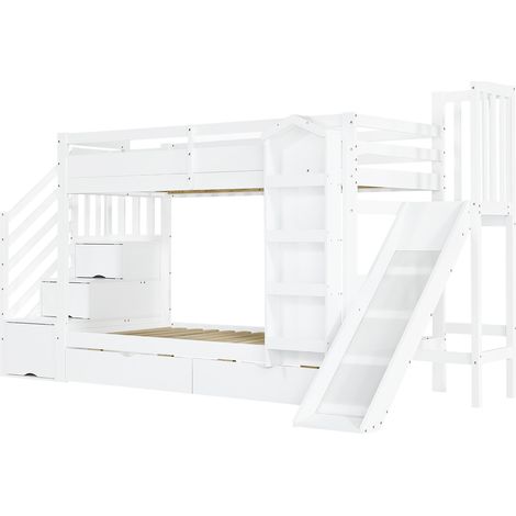 Etagenbett für Kinder 90x200 cm mit Rutsche, Stauraumtreppe und Schubladen, weiß (1/5)