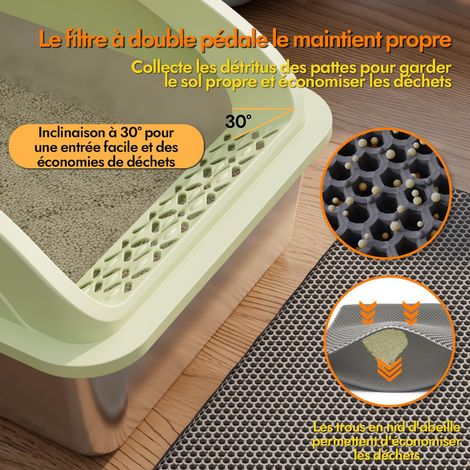 Bac à Litière XL en Acier Inoxydable pour Chat Grand Modèle Maison de Toilette Ouverte Anti-Odeur et Anti-Projections avec Pelle et Tapis Nid d'Abeille (1/5)