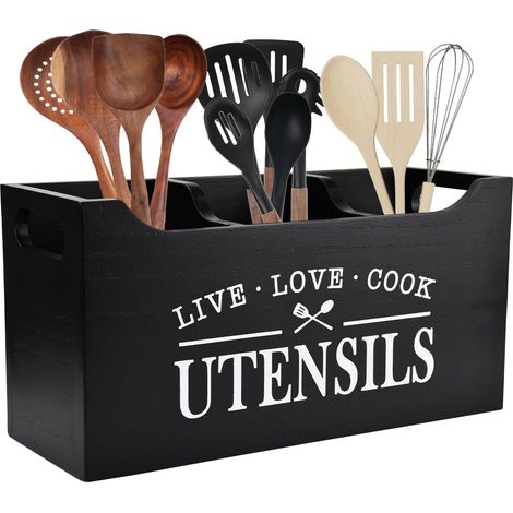 Porte-ustensiles de cuisine avec fond de drainage, grand 3 compartiments en bois véritable massif pour comptoir de cuisine, rangement d'outils de cuisine de ferme pour comptoir, noir (1/5)
