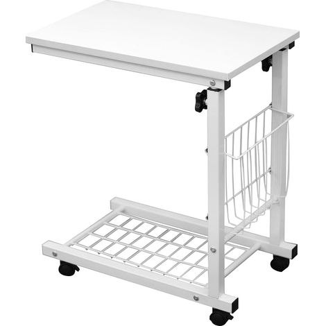 Table d'appoint Bout de canapé Hauteur Réglable, Moderne Table Basse Table Roulant d'ordinateur Portable pour Canapé Lit, 48x30x56-76cm, Blanc