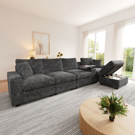 Divano angolare modulare con ottomana, 5-6 posti, 313 x 147 x 82 cm, ciniglia grigia OKMYHOME (1/5)