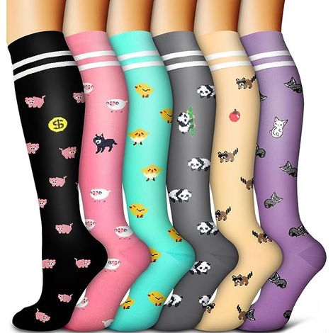 Calze a compressione graduata da donna, con motivi a cuore, pois, righe, fiori, alberi, animali, fiocchi, motivi geometrici, frutta e cibo (confezione da 6)