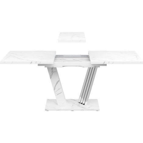 Table extensible blanche effet marbre 120-160 x 80 x 76 cm en MDF et métal (1/5)