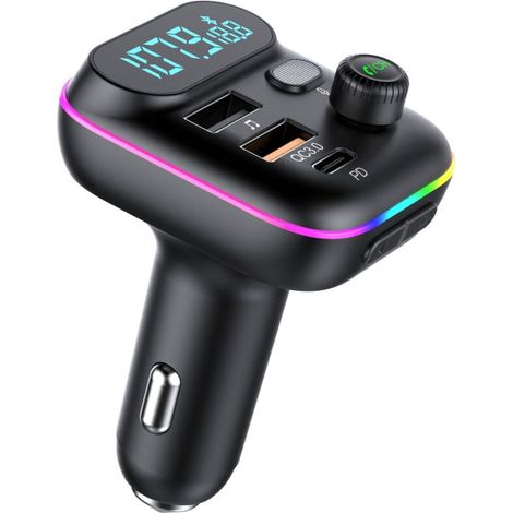 Transmetteur FM Bluetooth Voiture, Allume Cigare Bluetooth 5.0 Émetteur Radio, Chargeur Rapide de Voiture PD Type C+ QC3.0, Appels Mains Libres, Lecteur de Musique MP3 Basse Support U Disk (1/4)