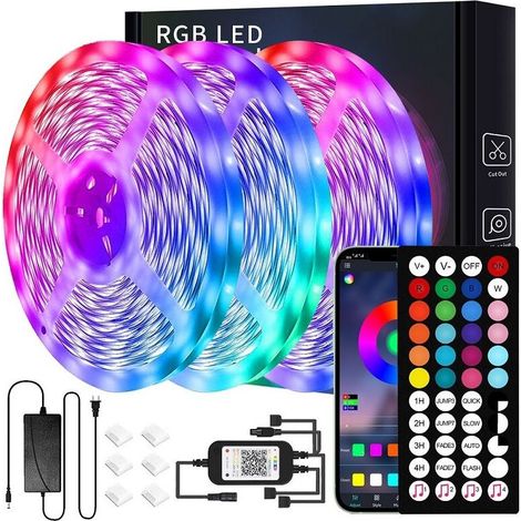 Ruban LED 30M (15mx2) Bleutooth Bande LED 5050 RGB, Contrôlé par APP du Smartphone et Télécommande, Synchroniser avec Rythme de Musique/Fonction de Minuterie, , Multicolore (1/4)