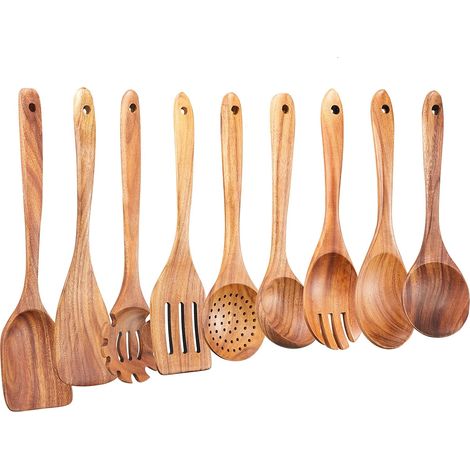 Cuillères En Bois D'Acacia - Ensemble De 9 Ustensiles De Cuisine En Bois Naturel Pour Poêles Antiadhésives (1/5)