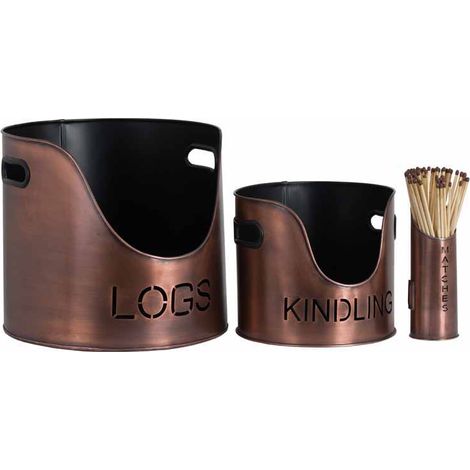 Logs and Kindling Buckets and Matchstick Holder - Metal - L34 x W34 x H32 cm - Copper