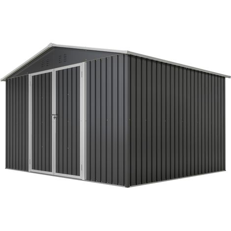 Abri de jardin en métal 300 x 252 x 191 cm avec toit à deux pentes, portes coulissantes verrouillables, gris anthracite (1/5)
