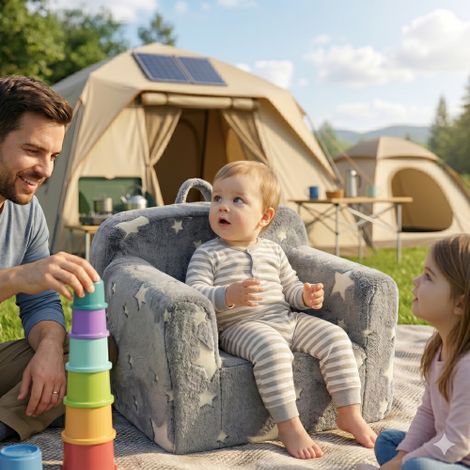 Divano per bambini, divanetto per bambini con maniglia per il trasporto e tasche laterali, sedia in schiuma per bambini, poltrona per bambini piccoli, divano-poltrona leggero per bambini, grigio (1/5)