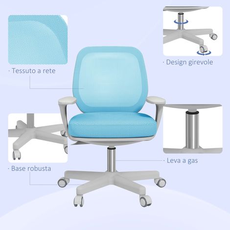 Fauteuil de travail ajustable inclinable bleu ciel, 5 roulettes, assise réglable en hauteur 55x48x82.5-94.5 cm (1/5)