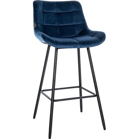 Sgabello da bar x1 con poggiapiedi rivestimento in velluto blu base a quattro gambe in metallo nero 100005462
