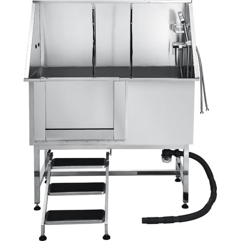 Mophorn Hundewaschstation aus Edelstahl, 1270x700x1545 mm Pflegewanne mit Treppe, Wasserfilterplatte, Wasserhahn, Duschkopf & Seifenhalter, geeignet für Haustiere jeder Größe (linke Tür)