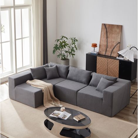 REDOM - Sofá modular en L, sin montaje, asiento extra ancho, módulos fáciles de mover, pana y espuma gris (1/5)