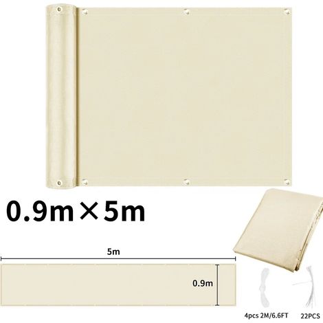 (Beige 90x500CM) Paravent de balcon, couverture de balcon en tissu Oxford imperméable, résistant au vent, à la pluie et aux UV. (1/4)