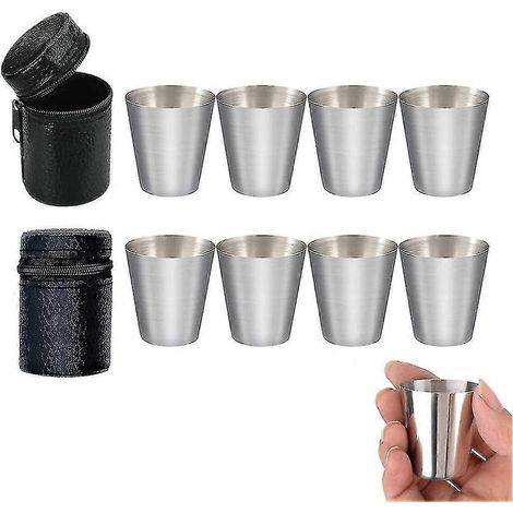 Verre à liqueur miniature de 30 ml en acier inoxydable avec pochette en cuir pour la cuisine et le bar. (1/5)