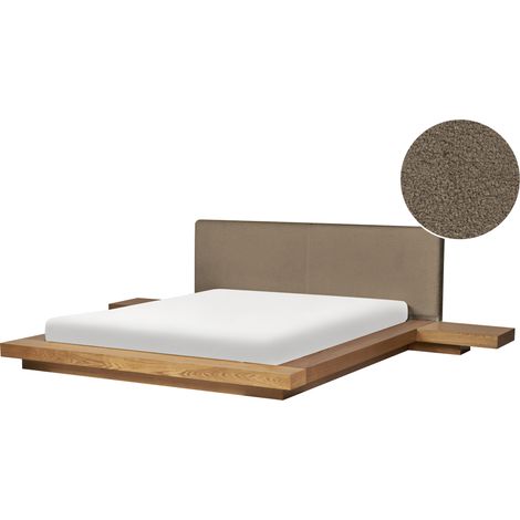 Cama moderna con plataforma mesitas de noche cabecero de bouclé madera de fresno natural 160 x 200 cm Zen (1/5)