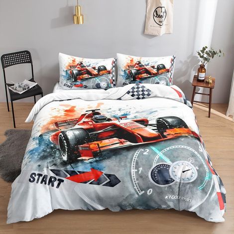 Bettwäsche-Set Rennwagen 155x220 cm mit 2 Kissenbezügen 80x80 cm, Mikrofaser, Reißverschluss