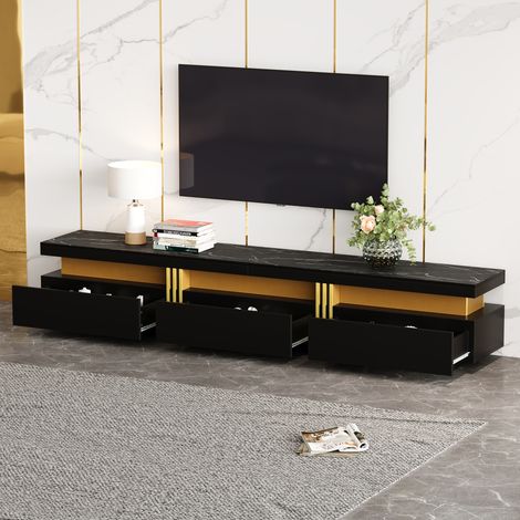 Meuble TV panneau bas aspect marbre 200 x 40 x 42 cm-Mi. Convient TV 90 pouces,trois tiroirs et gestion de câbles intégrée.