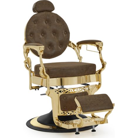 BarberPub Friseurstuhl mit Kopfstütze Kippbar, Friseureinrichtung mit Hydraulikpumpe 360° Drehbar, Höhenverstellbarer Bedienungsstuhl mit Vintage Stil, Kunstleder, 2933BR-F (Gold-Braun)