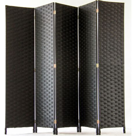 Pegane – Paravent 5 panneaux tressé en fibres naturelles noir – Dimensions H180 x L225 cm – Séparation d'espaces modernes – Panneaux 180 x 45 cm