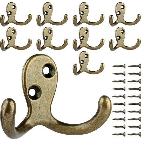 10 Pack Heavy Duty Double Prong Coat Hooks Mur Monté avec 20 Vis Retro Double Hooks Utility Hooks pour manteau,foulard,sac Bronzer 51 x 38 mm (1/5)